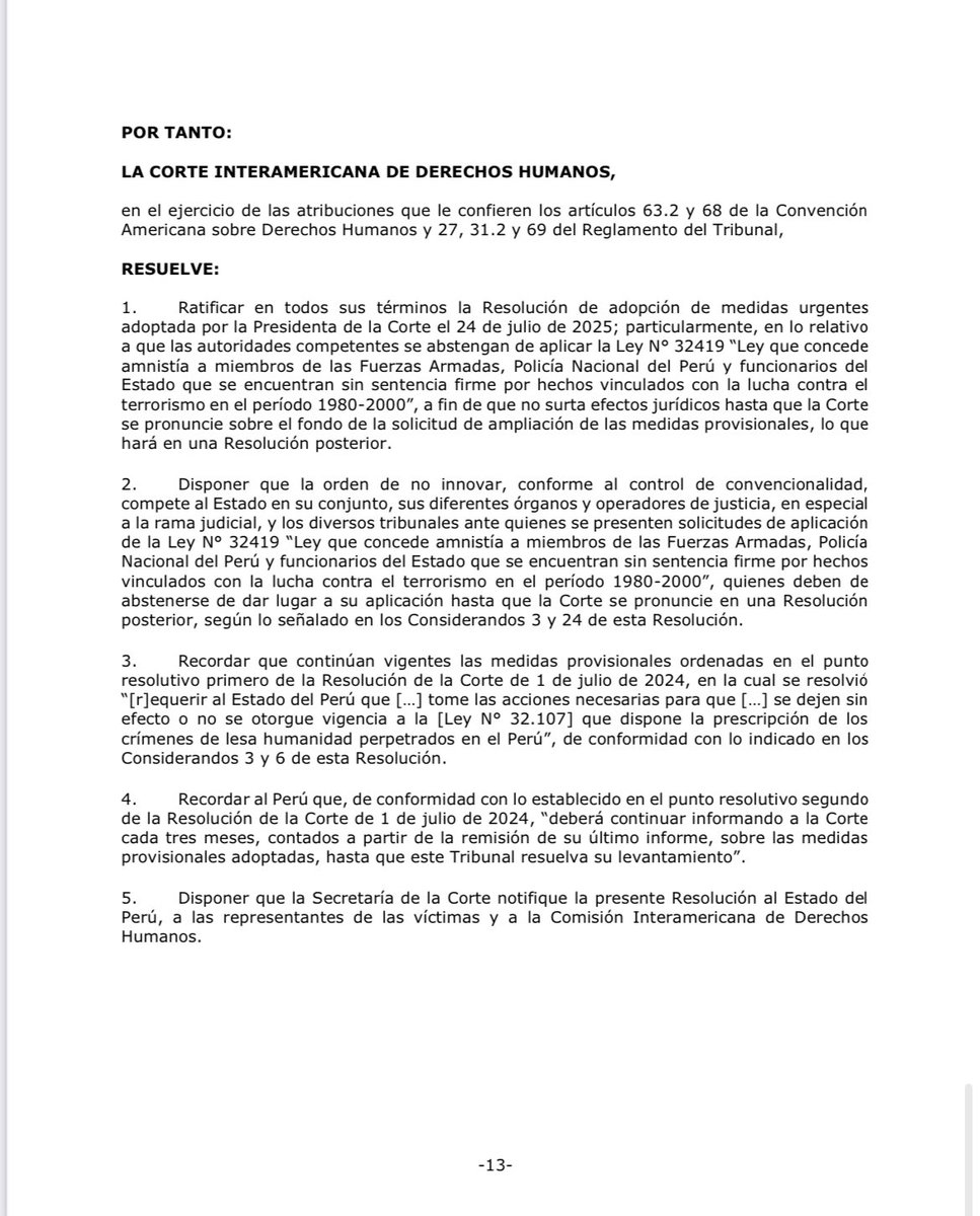 Estaba cantado, las graves violaciones de derechos humanos y los crímenes de lesa humanidad no son materia de amnistía. La Corte Interamericana de Derechos Humanos ⁦<a href="/CorteIDH/">Corte Interamericana de Derechos Humanos</a>⁩ se ratifica. Todas las autoridades peruanas deben abstenerse de aplicar la ladina Ley de amnistía