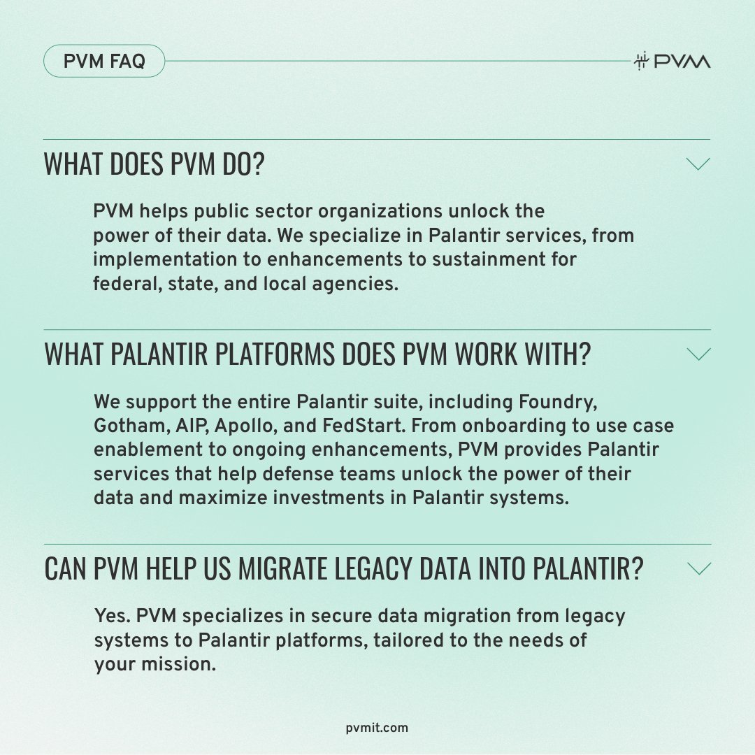 PVMGeeks's tweet image. Your questions, answered! Learn more about us and how we can help support your mission: bit.ly/3K8jrX1

#Palantir #DataMigration #DataModernization #DigitalTransformation