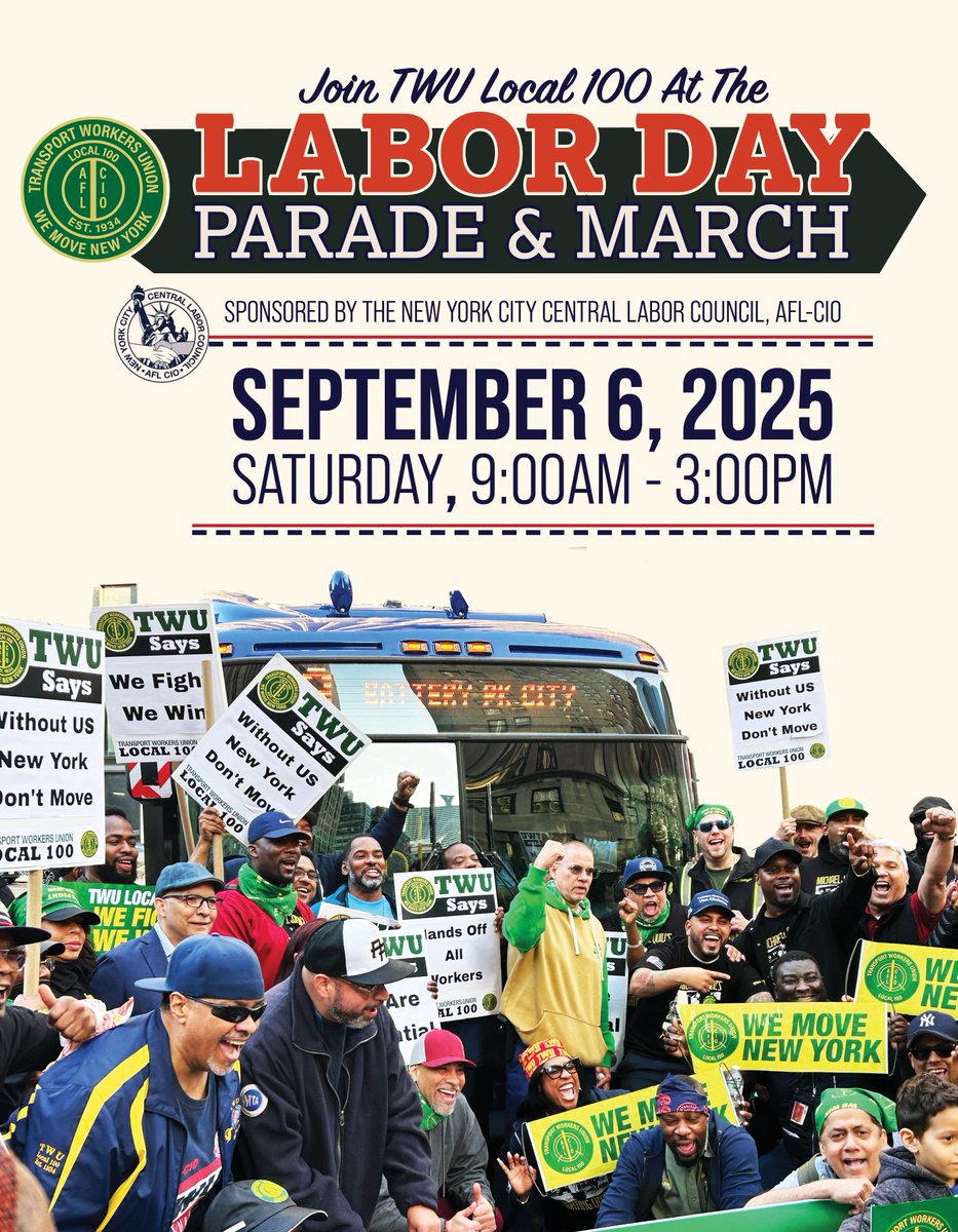 TWULocal100's tweet photo. Celebrate the dignity of workers by marching with #TWULocal100 in @CentralLaborNYC's #LaborDayParade tomorrow. We meet at 9 am at West 44th St. between 5th &amp; 6th Ave. 
#WeMoveNY #UnionStrong #UnionSolidarity
@transportworker @AFLCIO https://t.co/HVssox0wjM