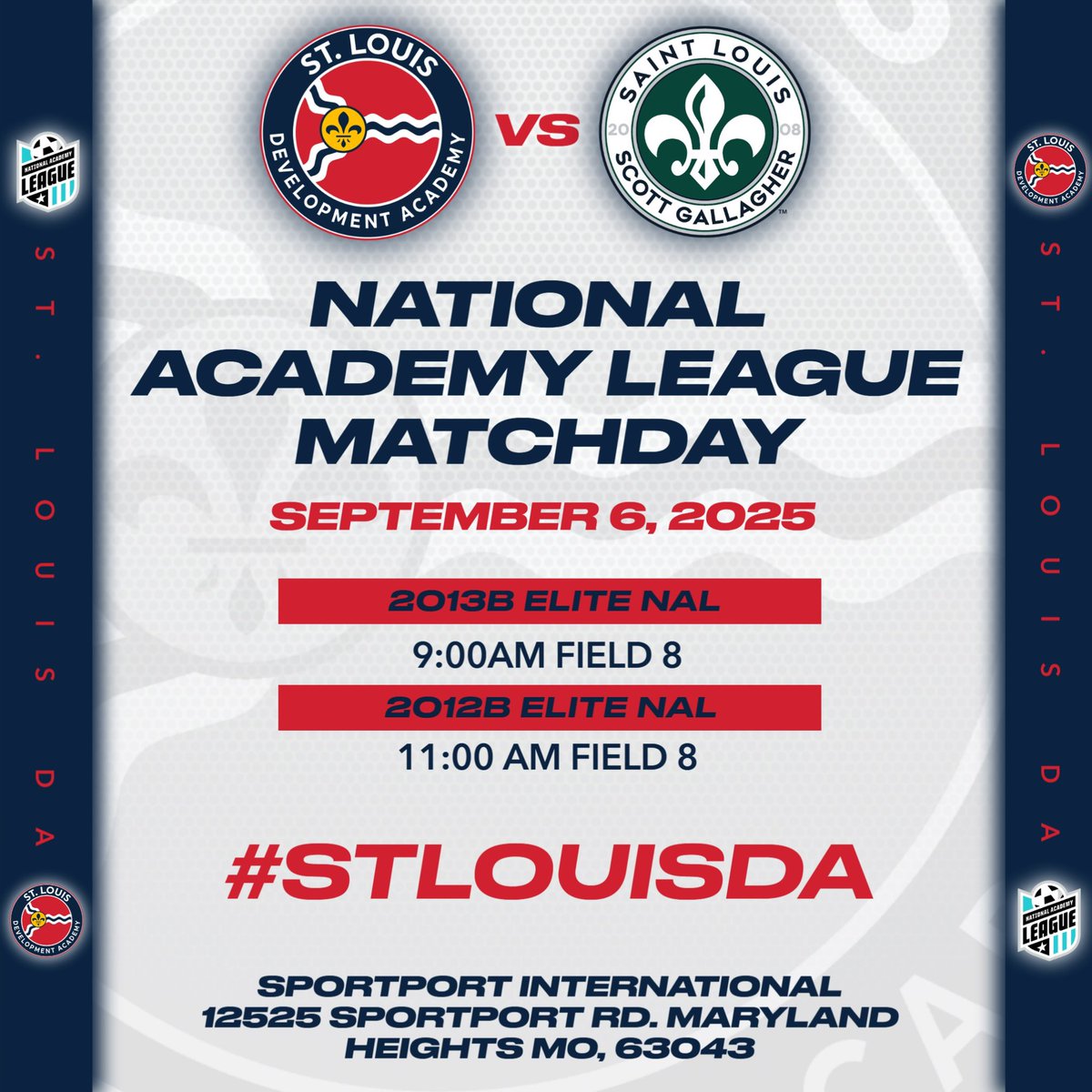 STLDASoccer's tweet photo. 🔥Matchday is here!🔥

Both our MLS Next Academy Division and National Academy League teams kick off their seasons tomorrow vs SLSG!

📍Sportport International
🗓️September 6, 2025

#StlouisDA https://t.co/Ys8cRPQvo6