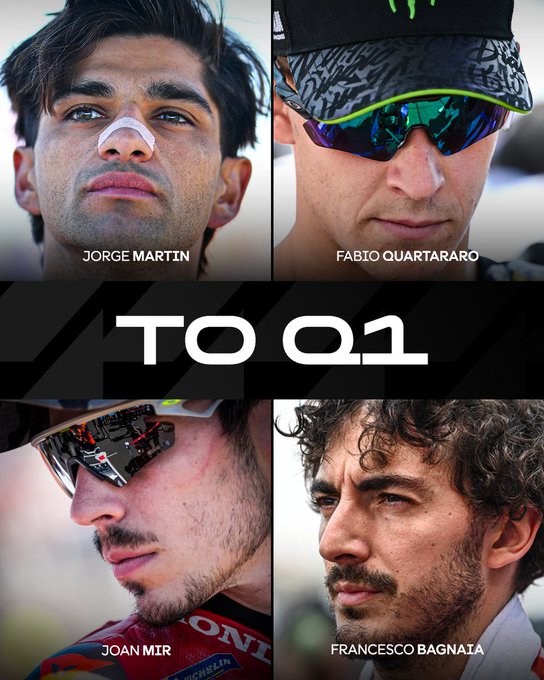 Four close-up portraits of motorcycle racers. Jorge Martin has dark hair and a nasal strip. Fabio Quartararo wears a black cap with green and white designs and sunglasses. Joan Mir has sunglasses and a red and black helmet. Francesco Bagnaia has curly hair and a focused expression. Text overlay reads "TO Q1".