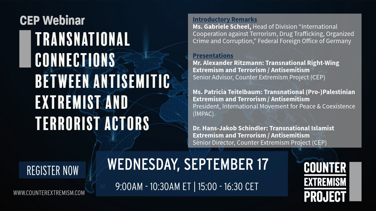 🔍Upcoming CEP Webinar examines how antisemitic actors from across the ideological spectrum interact transnationally to amplify antisemitic narratives &amp; actions.
🗣️Remarks from Ms. Gabriele Scheel, <a href="/GermanyDiplo/">GermanForeignOffice</a>/ <a href="/AuswaertigesAmt/">Auswärtiges Amt</a>
📊With presentations from <a href="/CEP_Germany/">CEP Germany</a>/