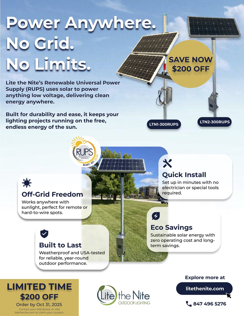 TerradekL's tweet photo. From now until October 31, 2025 we are running two promotions with Lite The Nite: 
 
Promo 1: Buy any 20 LTN fixtures and get a free 150W DC Power Pack!
https://t.co/eqRHNb2Kxv 
 
Promo 2: $200 OFF - Solar Power that Excites
https://t.co/Ce1XvT5MbZ https://t.co/saEr11mm8r
