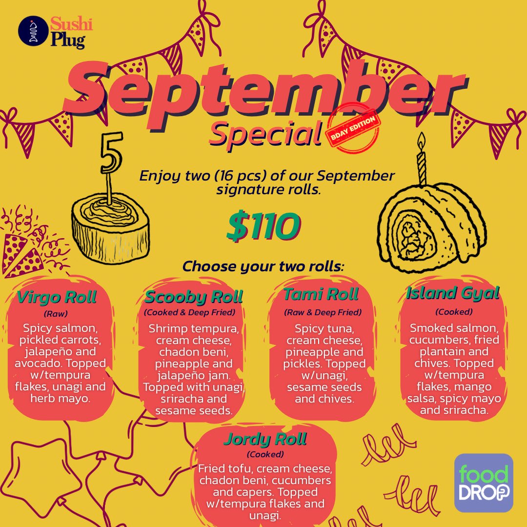 SushiPlugLtd's tweet photo. Where all the Virgos at?👀
It’s our birthday month so we’re bringing back some of your favorite rolls for the September Special🍣🍱✨🎉🥳 https://t.co/rGPsFqPlFB