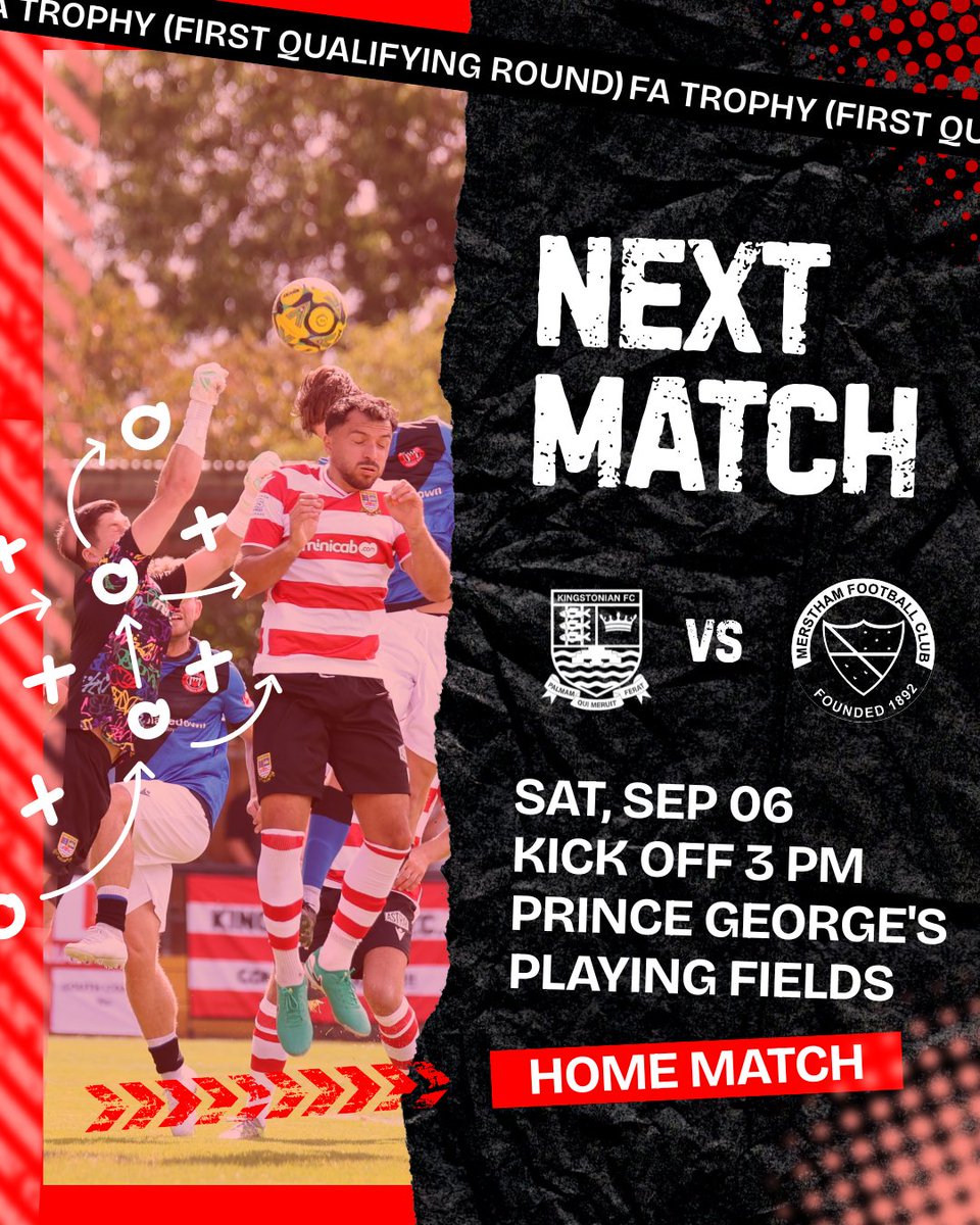 🏆 FA Trophy Action – This Saturday!
Our First Team are at home in the FA Trophy First Qualifying Round. 🔴⚪

📅 Saturday 6th September 2025
📍 Prince George’s Playing Fields, Grand Drive, London SW20 9DZ
⏰ Kick-off: 3:00pm

Come down and back the K’s as we fight for a place in
