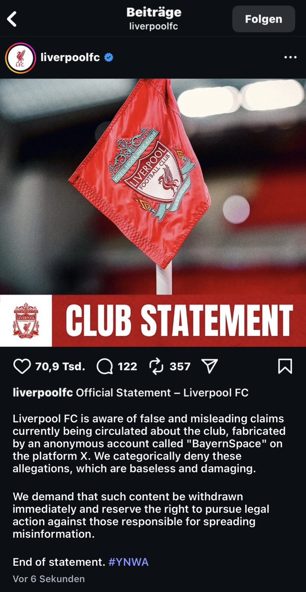 BayernBuzz_'s tweet photo. 🚨 | Liverpool FC seems to have released a statement rejecting circulating misinformation. The rumours were reportedly originated from the X account 'BayernSpace', who allegedly also misled German media in the past. ⤵️ https://t.co/SZ2tiwXhGk