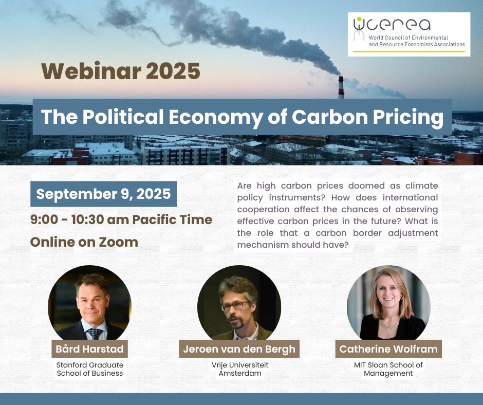 What's the future of carbon pricing?
To answer, one must understand political economics.
More than 800 scholars have realized this and signed up for the 9/9 Webinar by <a href="/EAERE_envecon/">EAERE</a> on this exact topic.
You can still do it:
eaere.org/events/support…