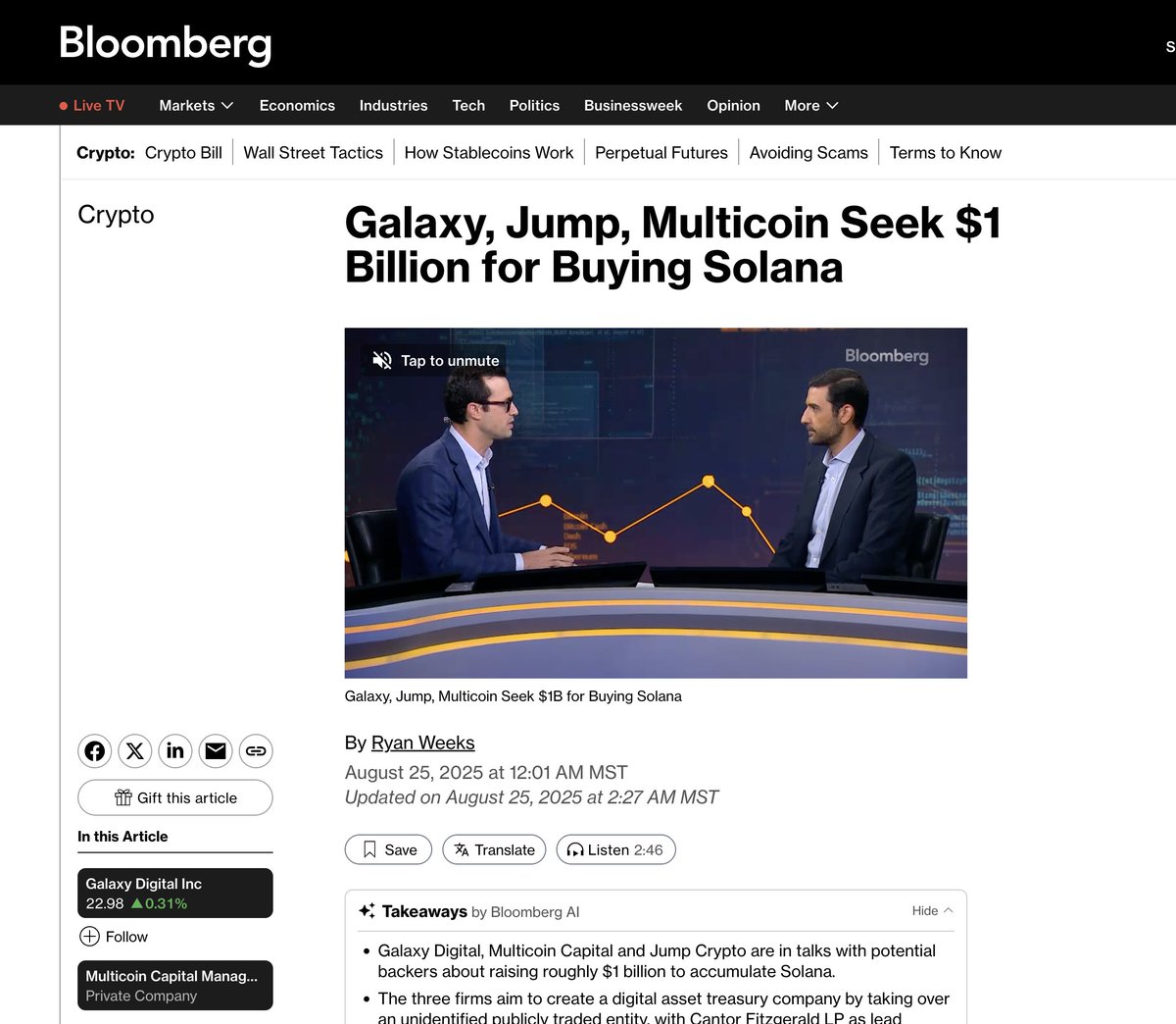 Screenshot of Bloomberg article on Galaxy, Jump, and Multicoin raising $1B for Solana