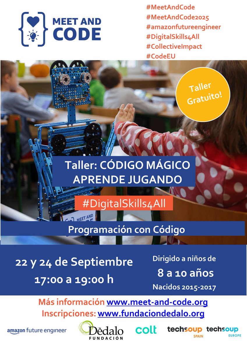 FundacionDedalo's tweet image. Taller #MeetAndCode: CÓDIGO MÁGICO APRENDE JUGANDO fundaciondedalo.org/agenda/taller-…
Lunes y miércoles, 22 y 24 de septiembre. De 17:00 a 19:00 h.
INSCRIPCIONES: forms.gle/P2jEWYGM4YoQnu…
#AmazonFutureEngineer #MeetAndCode2025 #codeEU @MeetAndCode