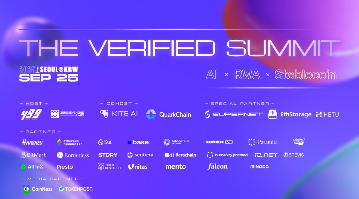 499_DAO's tweet image. 🌐 The Verified Summit @ KBW 2025
AI × RWA × Stablecoin — where trust meets transformation. 🔗 lu.ma/KBWTheVerified…

✨ What to expect:
⚡ Powerhouse lineup: global VCs, project founders, and leading scholars sharing the stage.

🏛️ Policy meets market: Korean exchanges,…