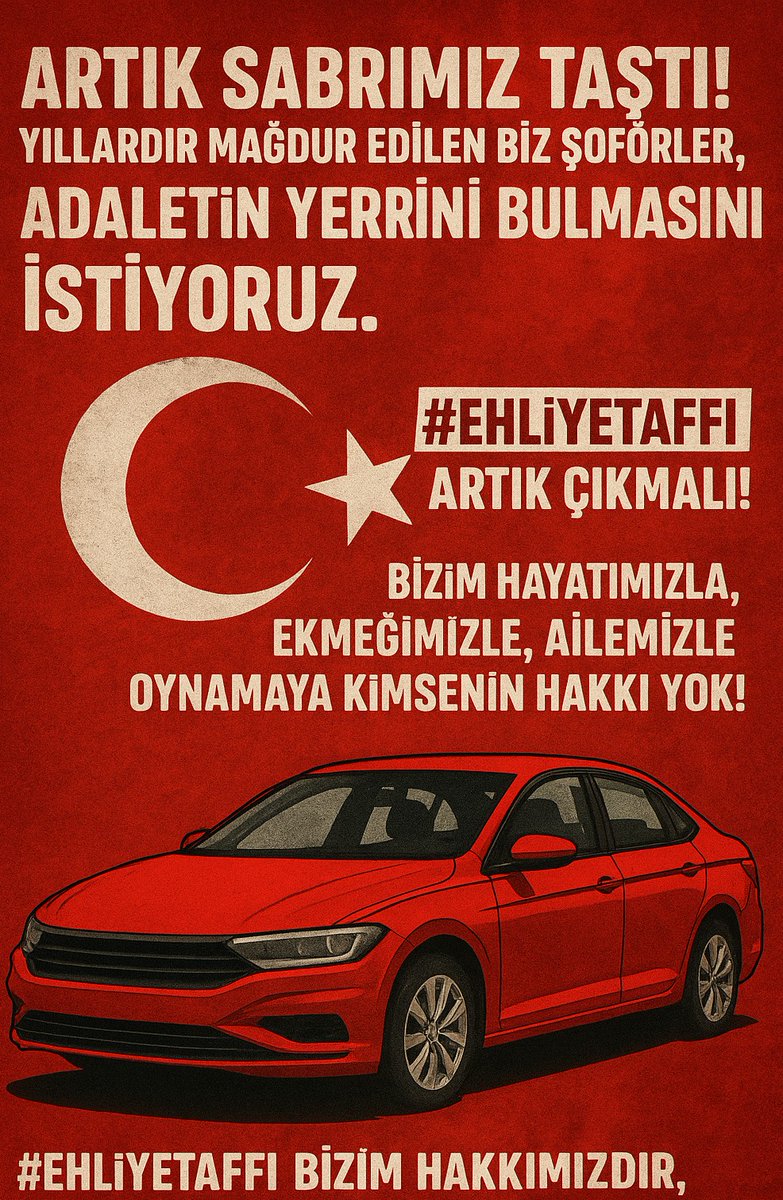 Artık sabrımız taştı! Yıllardır mağdur edilen biz şoförler, adaletin yerini bulmasını istiyoruz.
Biz kural tanımaz değiliz, biz ekmeğinin peşinde alın teri döken insanlarız!
Ama yapılan bir hata yüzünden ömür boyu cezaya mahkûm edilemeyiz.

Buradan yetkililere sesleniyoruz: