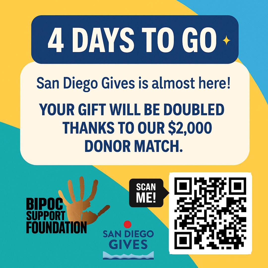 ⏳ Just 4 days left until #SanDiegoGives!

Your gift to BSF will be doubled thanks to our donor match 💛
Help us bring mindfulness into classrooms across San Diego 🌱📖
📲 Scan the QR code to give today or give Sept 9!

#BSFImpact #GiveWhereYouLive