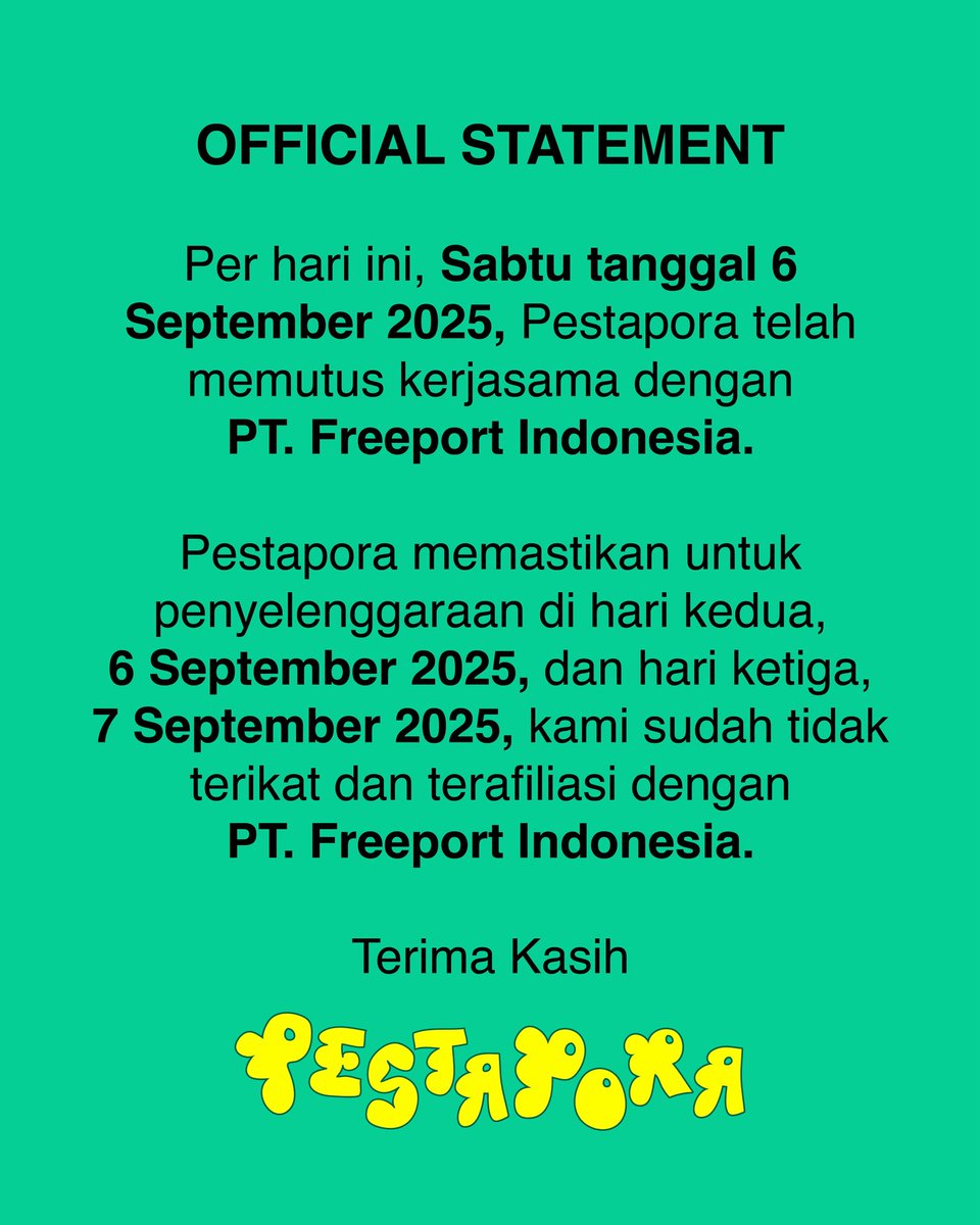 iPopBase's tweet photo. Pestapora issued a statement following backlash over including PT Freeport as one of its sponsors. https://t.co/GyOmQ8itiM