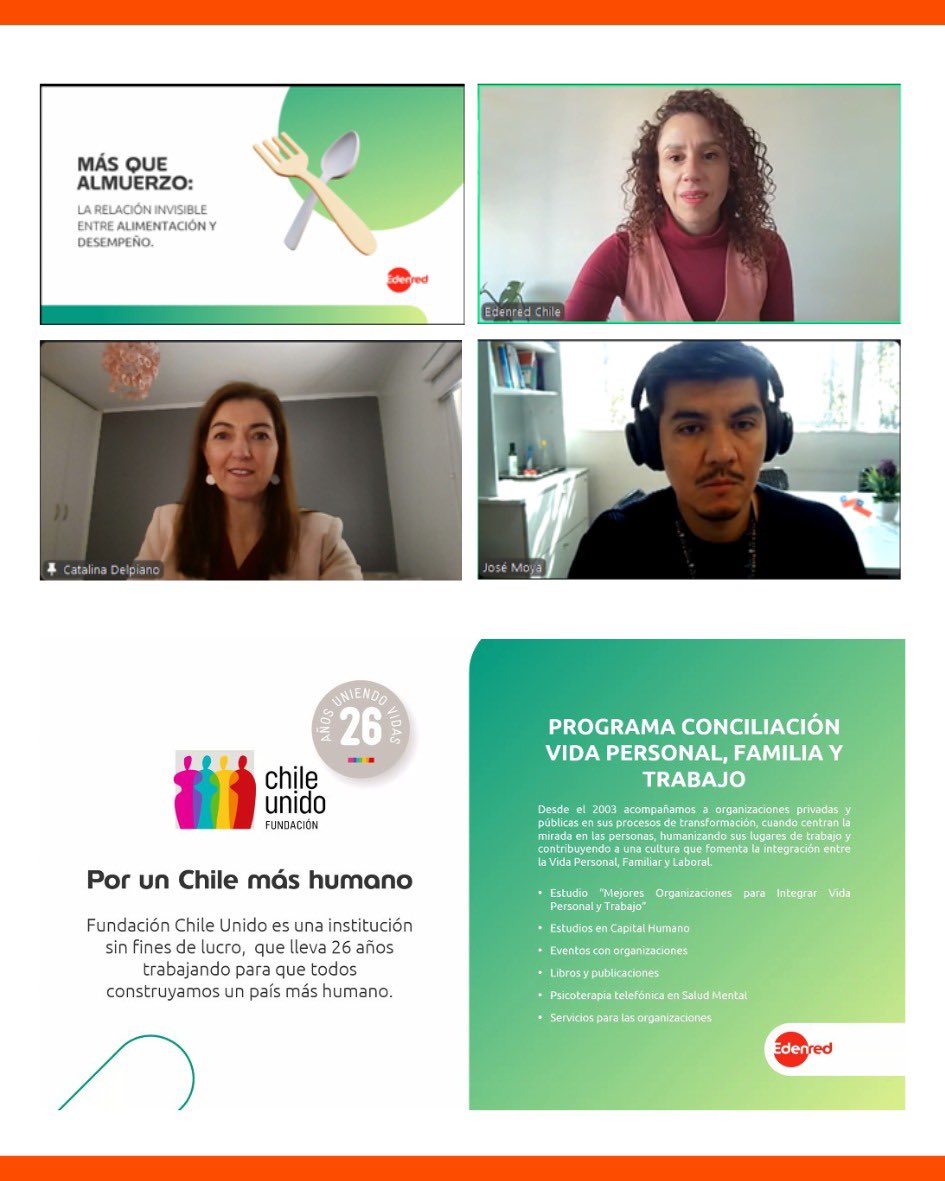 🧩ALIMENTACIÓN,BIENESTAR Y DESEMPEÑO
Catalina Delpiano, Directora Estudios <a href="/FundaChileUnido/">Fundación ChileUnido</a> fue invitada a exponer en Webinar “Mas q almuerzo la relación invisible entre alimentación y desempeño” organizado x Edenred Chile
🌿Porq cuando las personas comen bien, se sienten mejor!