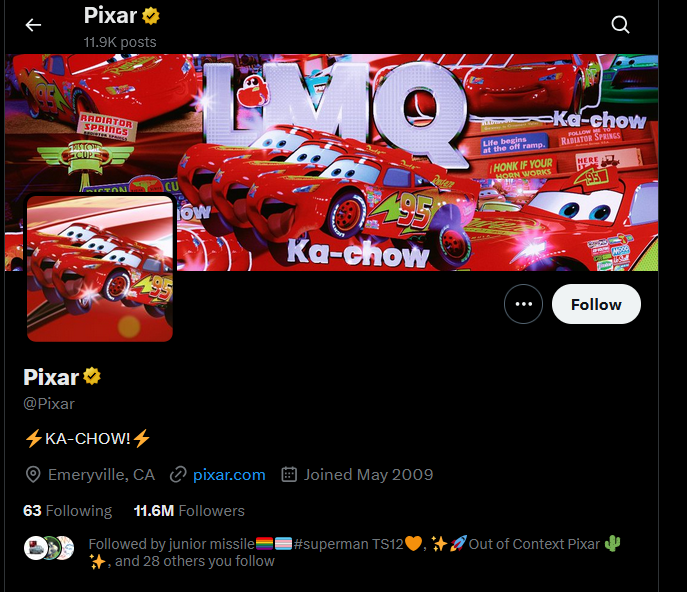 PixarCarsFacts1's tweet photo. Cars Fact #850: Pixar Has made their account Lightning Mcqueen themed due to today's date being 9/5 https://t.co/NzXCJmwywW