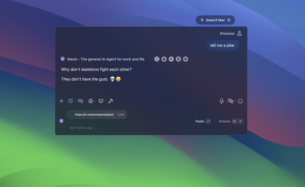 enconvo_ai's tweet photo. Qwen3-Max is now available in Enconvo Cloud.

https://t.co/ESnijvZ4gB https://t.co/qEPXPTAKrl