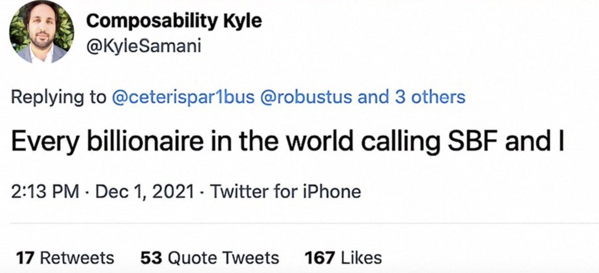 Screenshot of Kyle Samani's tweet about billionaires calling SBF and him
