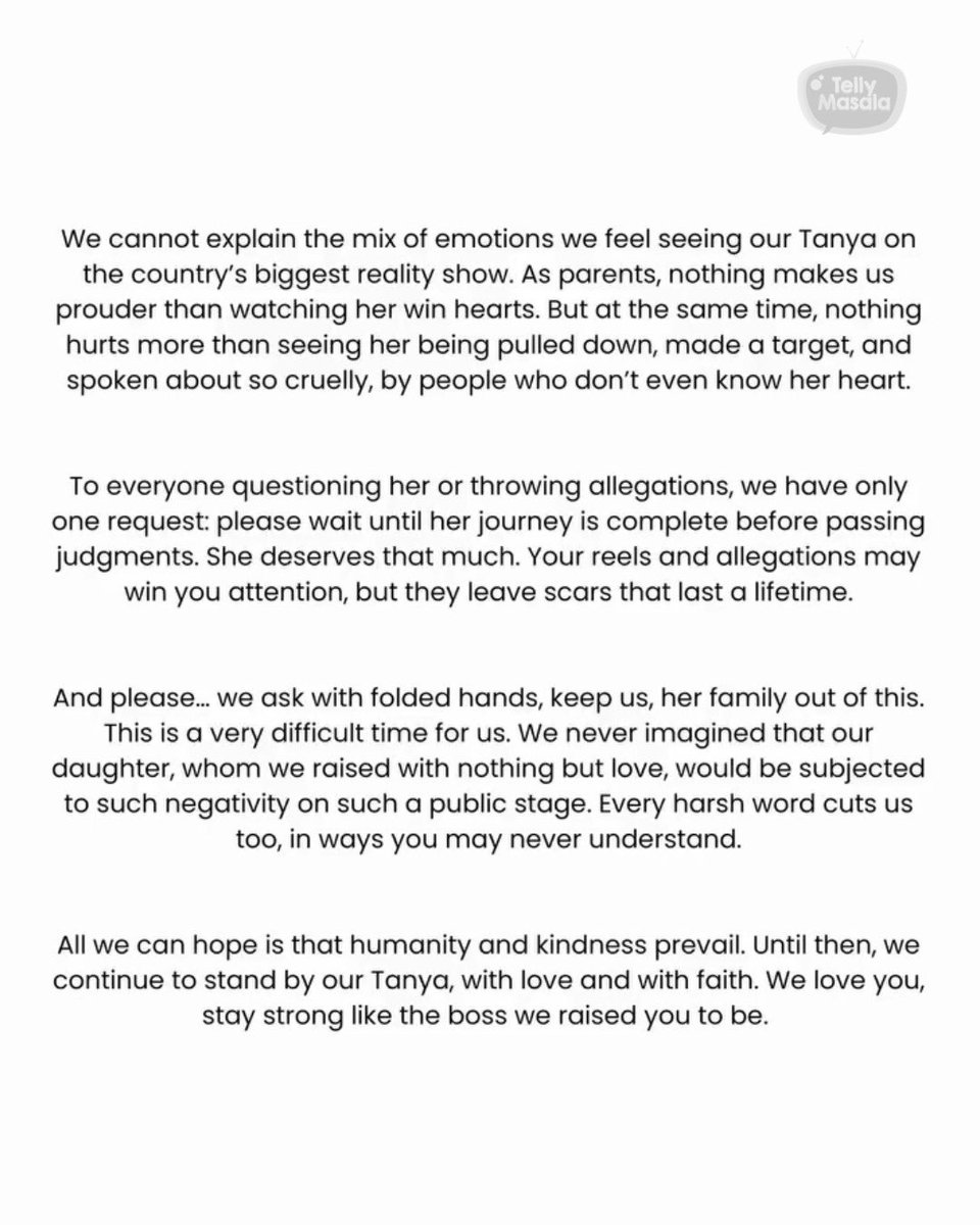 tellymasala's tweet image. Tanya Mittal's family speaks out against online trolling &amp;amp; negativity surrounding her BB19 journey, asking for privacy &amp;amp; respect during this difficult time 🙏

 #BiggBoss19 #TanyaMittal #Trolling #SupportTanya #BB19 #tellymasala