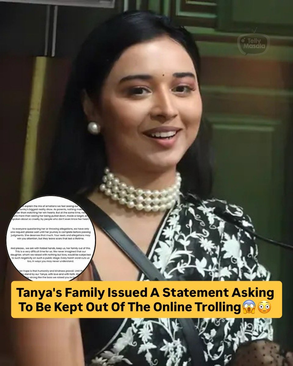 tellymasala's tweet image. Tanya Mittal's family speaks out against online trolling &amp;amp; negativity surrounding her BB19 journey, asking for privacy &amp;amp; respect during this difficult time 🙏

 #BiggBoss19 #TanyaMittal #Trolling #SupportTanya #BB19 #tellymasala