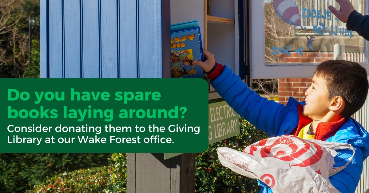This International Day of Charity, give where it counts—right here at home. 🧡
Our Giving Library is a community resource where you can take a book or leave a book for others to enjoy. Stop by our Wake Forest office to share your favorite reads and spread the joy of reading.