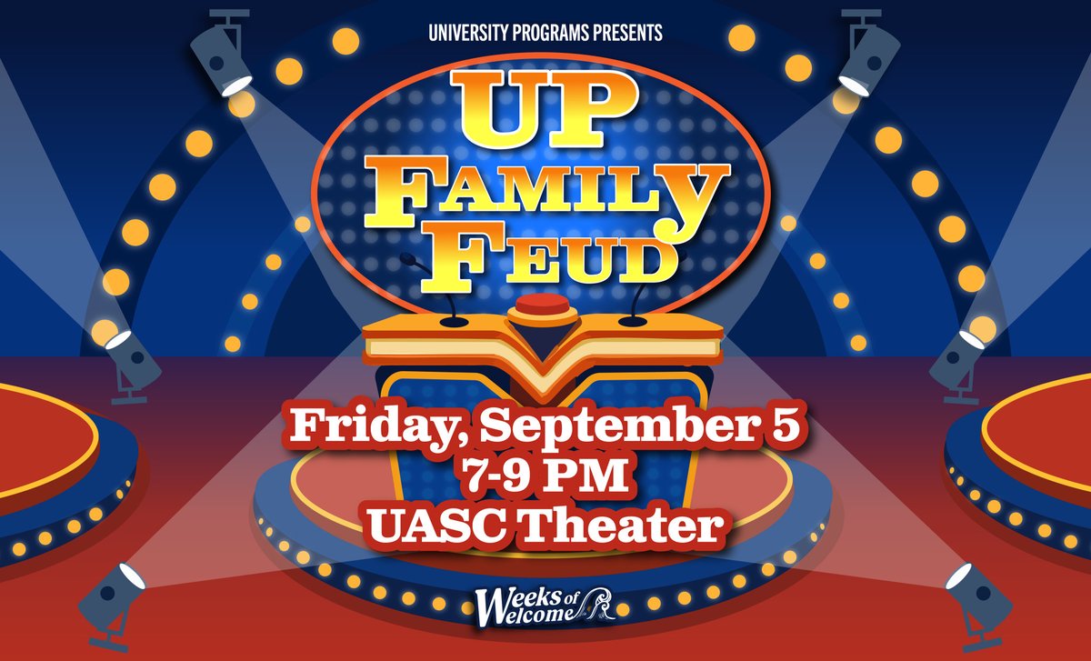 UAwhatsUP's tweet photo. Do you believe your answer will be on the board? 🛎️ Come out and see if your squad will be the champions of our UP Family Feud games! You don't want to miss the prizes, free food, and UP Swag! See you then! 🥇🏆#iknowwhatsUP

📆 TONIGHT
⏰ 7-9 PM
📍UASC Theater https://t.co/d4UiklkKRB