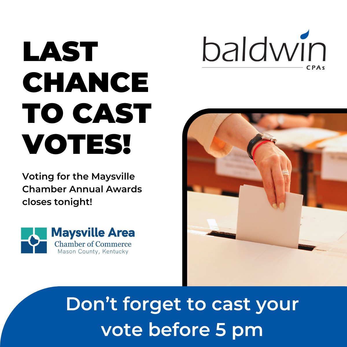 baldwincpas's tweet image. We’re thrilled to have been nominated for Large Business of the Year from the Maysville Area Chamber of Commerce.

Voting closes tonight at 5 pm, and every vote counts! Please cast yours here - hubs.ly/Q03H5Glv0

#MaysvilleChamber #BusinessOfTheYear #KentuckyCPAFirm