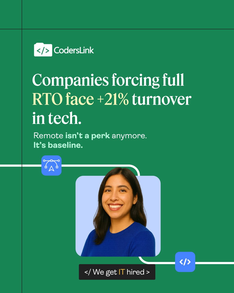 hirecoderslink's tweet image. Forcing full RTO? Expect 21% higher turnover in tech.
🧠 Remote isn’t a perk.
It’s the baseline.
CodersLink helps you hire remote-first LATAM talent that stays.
#RemoteWork #TechRetention #DeveloperHiring