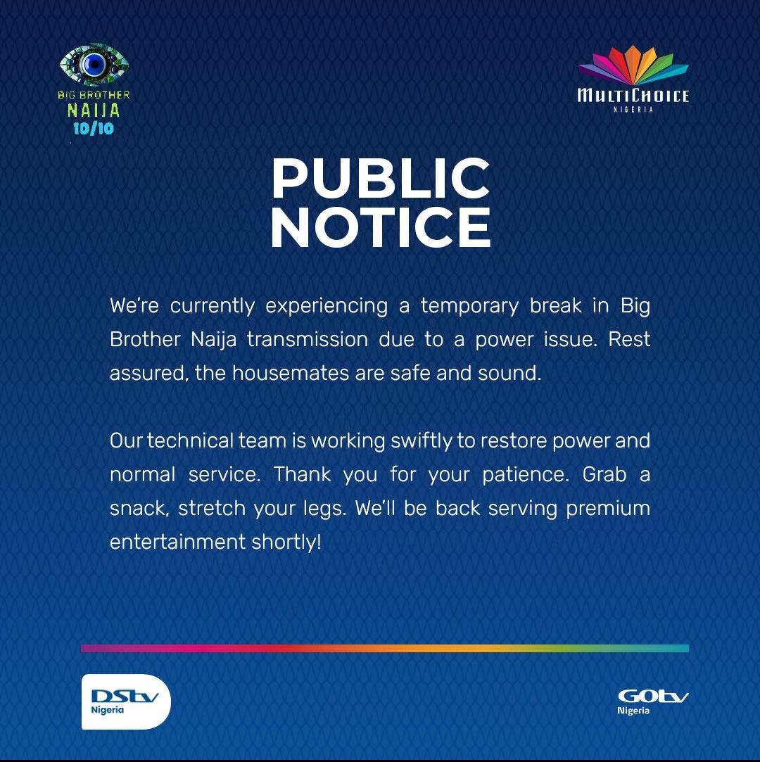 Loginvault_ng's tweet photo. “Omo, BBN don pause. Even Biggie need light too 🤦🏽‍♂️. Grab your snacks, we resume soon!”
#BBNaija10 #BBNaijaseason10 #DSTV #BBNaijia #BBNaija2025 #loginvault #viral #TrendingNews https://t.co/SxaWSDYKYq