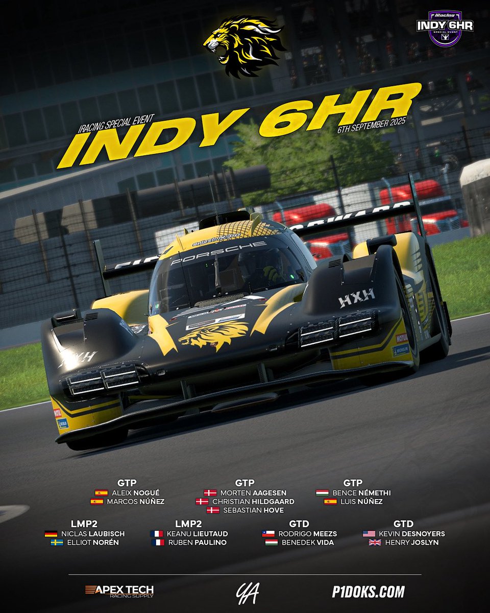Its time to head back to the Brickyard 🇺🇸

Here are our lineups for the <a href="/iRacing/">iRacing</a> Indy 6H Special Event! 

We wish our drivers and our competitors, all the best of luck!

Sponsors 👥
<a href="/p1doks/">p1doks</a> 
ApexTech Racing Supplies

Photographer 📸
<a href="/SimPhotosYA/">Sim Photography</a> 

Graphics
Brandon Blakesley
