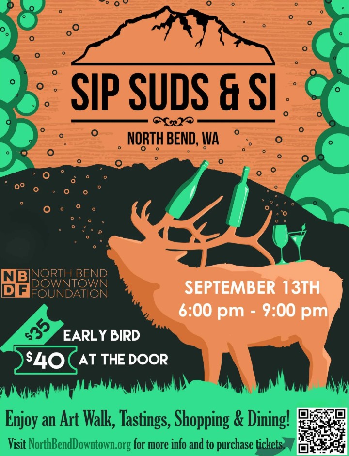Mountain town shopping, dining, wine and beer tasting returns on September 13, with the popular 𝐒𝐢𝐩, 𝐒𝐮𝐝𝐬 𝐚𝐧𝐝 𝐒𝐢 walk through Downtown North Bend: northbendwa.gov/CivicAlerts.as…