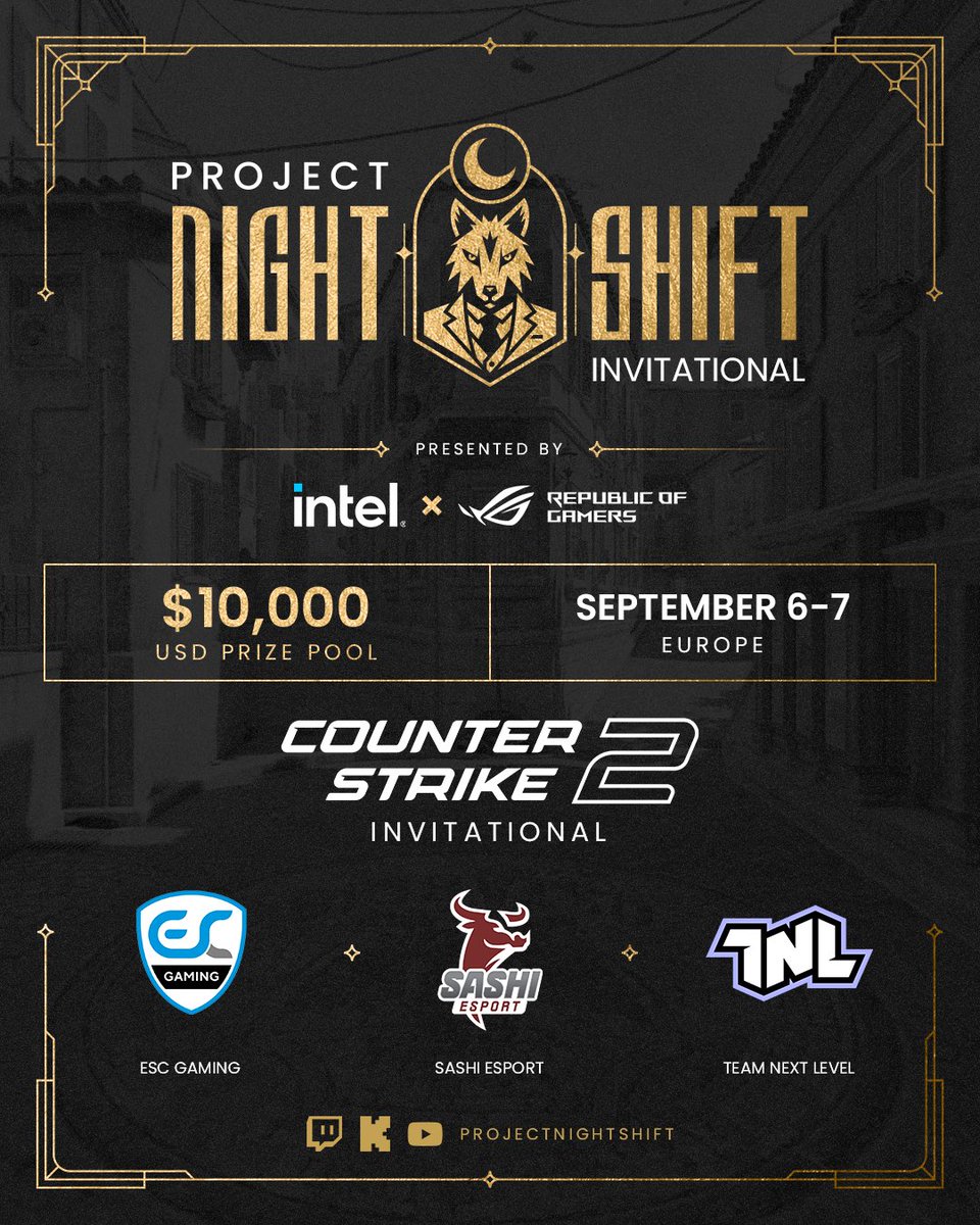 Project Night Shift (@prjnightshift) on Twitter photo Tomorrow at 1 PM EST/ 7 PM CET the Nightshift x <a href="/ASUS_ROG/">ROG Global</a> x <a href="/IntelGaming/">Intel Gaming</a> Counter-Strike 2 Invitational continues
Due to a late team drop out 3 teams will be competing tomorrow with TNL getting a bye
Your European CS2 teams for the weekend 🇪🇺
<a href="/ESCGaming/">ESC Gaming</a>
<a href="/Sashi_Esport/">Sashi Esport 🥩</a>
<a href="/tnl_cs2/">TNL 🇺🇦</a> Tomorrow at 1 PM EST/ 7 PM CET the Nightshift x <a href="/ASUS_ROG/">ROG Global</a> x <a href="/IntelGaming/">Intel Gaming</a> Counter-Strike 2 Invitational continues
Due to a late team drop out 3 teams will be competing tomorrow with TNL getting a bye
Your European CS2 teams for the weekend 🇪🇺
<a href="/ESCGaming/">ESC Gaming</a>
<a href="/Sashi_Esport/">Sashi Esport 🥩</a>
<a href="/tnl_cs2/">TNL 🇺🇦</a>
