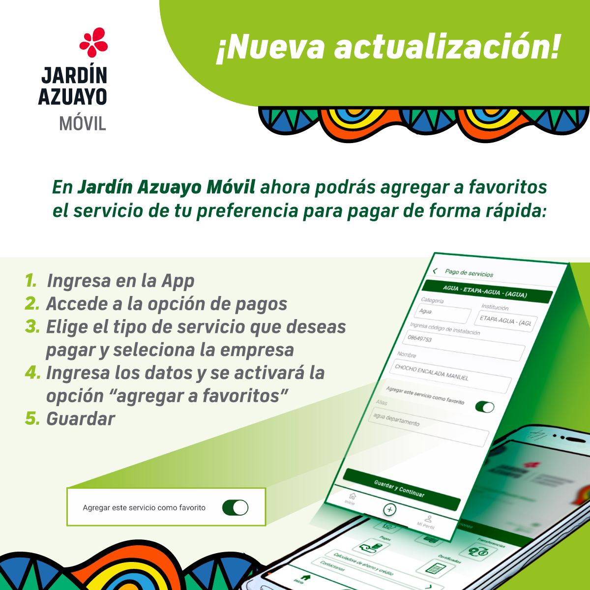 ¡Jardín Azuayo Móvil tiene nueva actualización! 📲😃
Ahora podrás agregar a favoritos el servicio de tu preferencia para pagar de forma rápida. ✅

☝🏼Recuerda actualizar la App para disfrutar de todas sus funcionalidades.