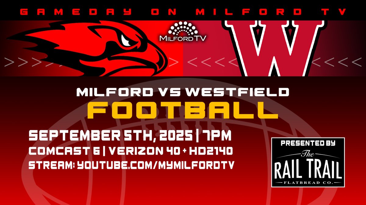 Football season has arrived! Join us tonight at 7PM for Week 1's home matchup vs Westfield.

Comcast 6
Verizon 40 + HD2140
Stream: youtube.com/mymilfordtv

Presented by <a href="/RailTrailFBCo/">The Rail Trail Flatbread Company</a>