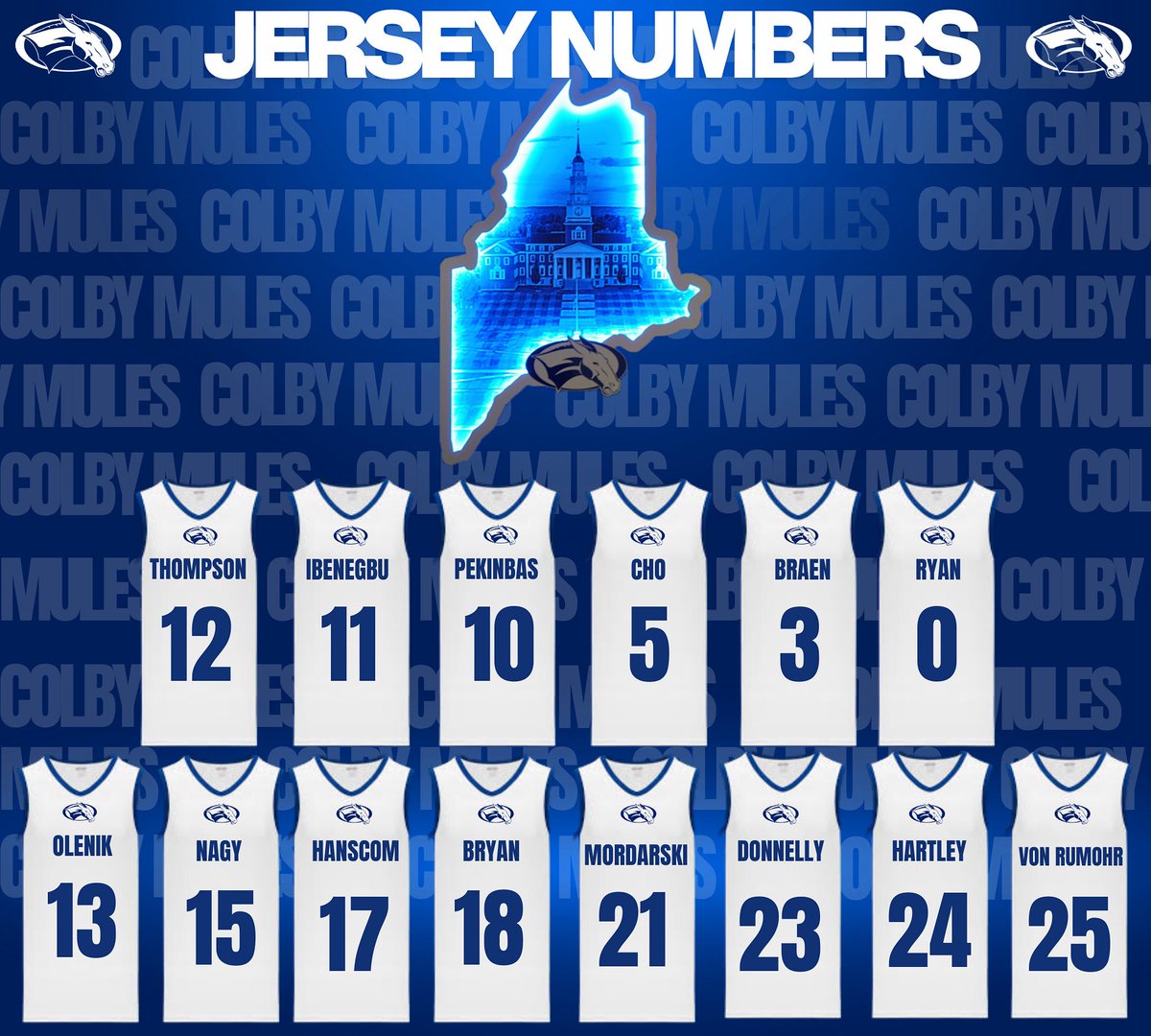 ColbyWBB's tweet image. The jersey numbers locked in for 2025–26 🐴🏀💙 #NewSeason #GoMules