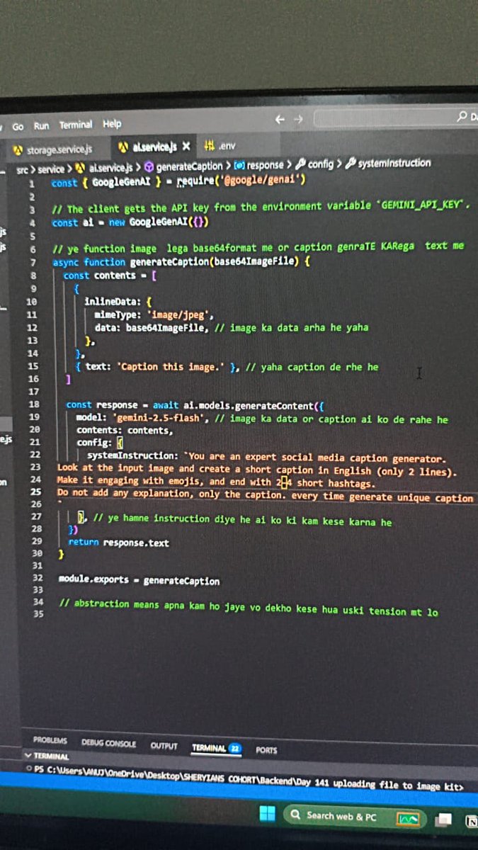 AnujKus33788991's tweet image. Day 14 & 15 ✅ of my #75DaysOfCode
Integrated Gemini AI 🤖
Built a POST API that takes an image & returns a caption 🖼️➡️✍️
Tested it end-to-end and it works ⚡
Feels great to see backend + AI working together 🚀
#BackendDev #NodeJS #ExpressJS #GeminiAI #AIIntegration