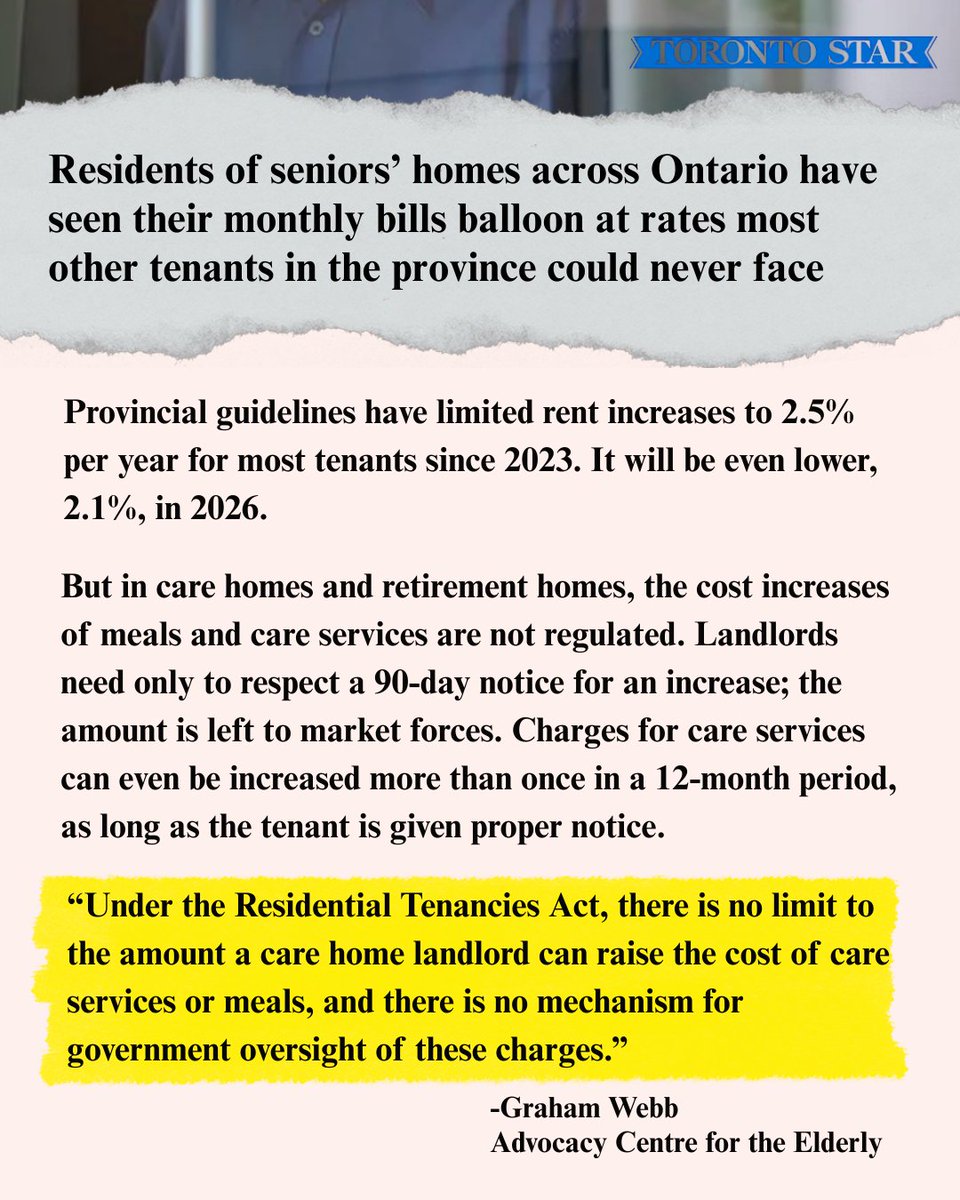 Elderly tenants are being priced out of their homes by unregulated “service fees” in seniors’ residences. 

Rent is capped — but meals and basic care? Wide open to profiteering. 

This is elder abuse by another name.

#ONpoli