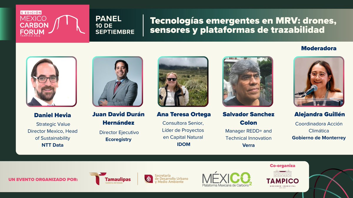 Panel Tecnologías emergentes en MRV: drones, sensores y plataformas de trazabilidad | #MexicoCarbonForum2025
La #innovación tecnológica está redefiniendo la forma en que se miden

📍 10 y 11 de septiembre de 2025 | Expo Tampico, Tamaulipas
Evento gratuito: mexicocarbon.com/registro-2025
