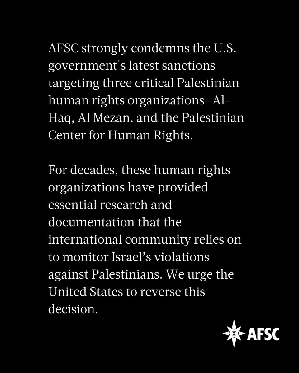 Trump’s latest EO sanctions the ICC and any group or person backing its probe into Israel’s war crimes. It’s another move by his admin to punish Palestinians seeking justice, even as they face genocide in Gaza. afsc.org/newsroom/afsc-…