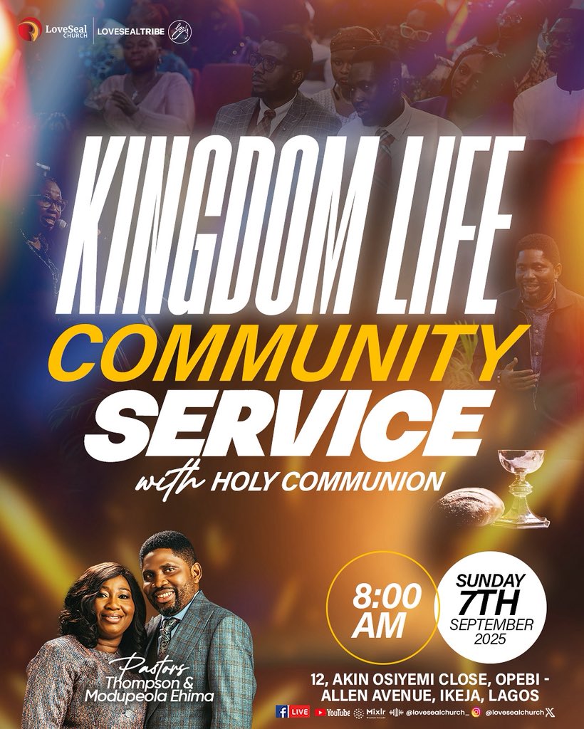 The Son of God is equipping us for the days ahead. 

Join us for Sunday Service, where light would be shed on intricate matters equipped to raise sons like Jesus.

See you in Church!

🌐 lovesealchurch.org