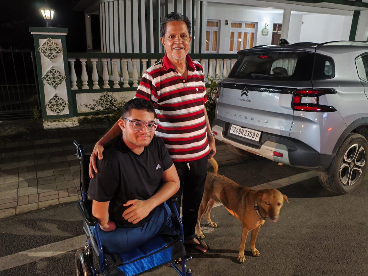 What a pleasant surprise....❤️ As I leave for feeding my community dogs at Caranzalem -Taleigao at about 11.15 tonight, on my way I see ever-smiling face in front of me - Moira's Joshua D'Cruz in his wheelchair with his father right in front of me. As I get down to greet him, my