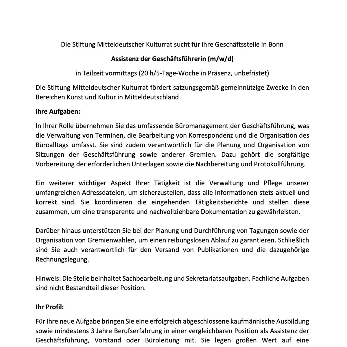 📣 Stiftung Mitteldeutscher #Kulturrat sucht #Assistenz der Geschäftsführerin (m/w/d) | #Bonn 

📅 Bewerbungsfrist: ohne Frist, schnellstmöglich (!) 

➡️kultweet.de/jobs/Assistenz…

#Job #Stellenausschreibung #Kulturjobs #Stiftungsjob #MitteldeutscherKulturrat