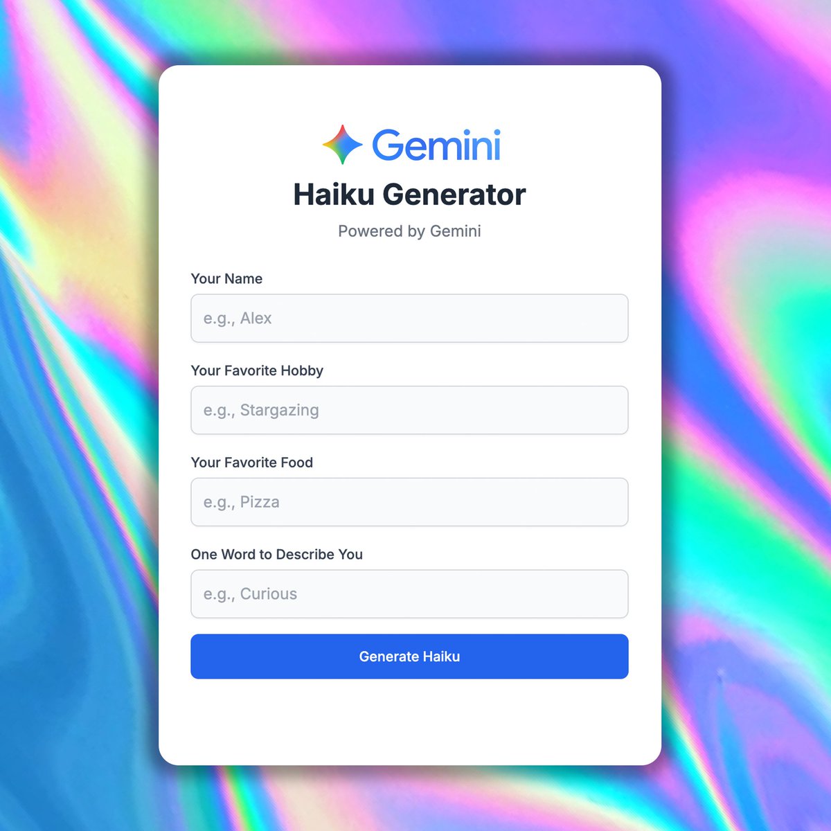 GoogleForEdu's tweet photo. New school year starts bright
Fresh faces, new friends to meet
Fun starts right here now

Looking for a fun back to school activity? Try the Haiku Generator, powered by Gemini! https://t.co/u1m7mh8MQB 

Use #MyGeminiHaiku to share your poems with us too! https://t.co/CyWwsxbMkp
