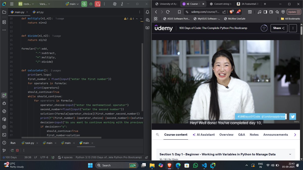 anjaliyadavv064's tweet image. Day 10 of #100DaysOfCode 🚀  

✅ Python with @yu_angela:  
&amp;lt; Learned functions with outputs.  
&amp;lt;Built a Calculator  project.
#Codenewbie #Python #buildinpublic