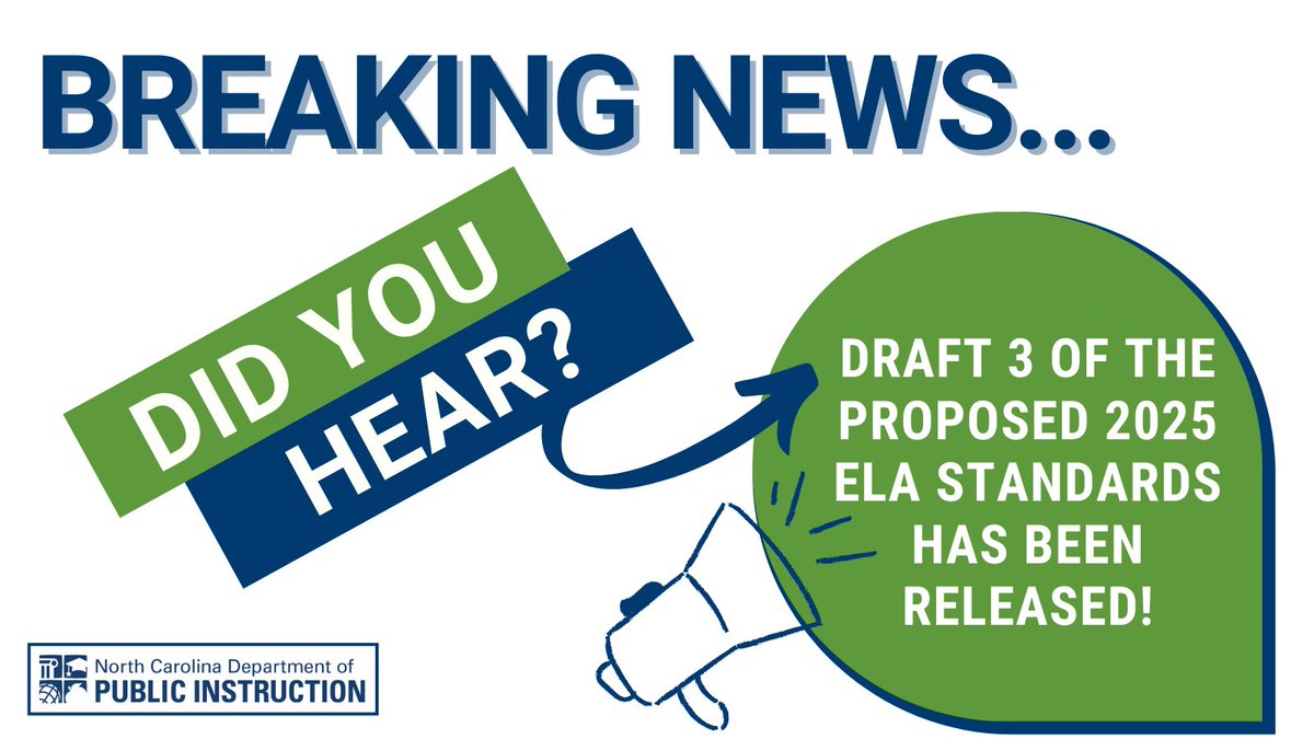NCDPIELATeam (@ncdpielateam) on Twitter photo 📢 Your Voice Matters!
NC #Educators, the NCDPI ELA Team is requesting feedback on Draft 3 of the Proposed 2025 ELA Standard Course of Study. 📝
✅ Access the General Survey Here: content.govdelivery.com/accounts/NCSBE…
⏰ Survey closes October 1, 2025
<a href="/ncpublicschools/">NC Public Schools</a> 📢 Your Voice Matters!
NC #Educators, the NCDPI ELA Team is requesting feedback on Draft 3 of the Proposed 2025 ELA Standard Course of Study. 📝
✅ Access the General Survey Here: content.govdelivery.com/accounts/NCSBE…
⏰ Survey closes October 1, 2025
<a href="/ncpublicschools/">NC Public Schools</a>