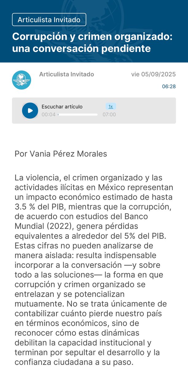 🛠️Corrupción y crimen organizado: una conversación pendiente.  
👉🏽Dos delitos transnacionales que se refuerzan mutuamente. No basta con capturar capos; es momento de desenmarañar las redes institucionales que los sostienen. Lee mi columna como invitada en <a href="/El_Universal_Mx/">El Universal</a>