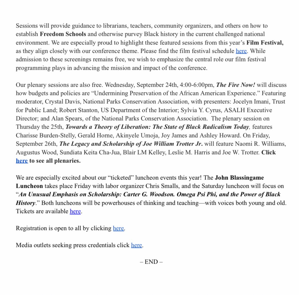 For Immediate Release: Amidst ongoing attacks on Black history &amp; education, and massive layoffs impacting our community, <a href="/ASALH/">ASALH</a> is bringing its Annual Conference to Atlanta, Sept 24–28, 2025. ✊🏾📚

Join us as we gather to reflect, resist &amp; reimagine.
🔗 conta.cc/3I3Pxma