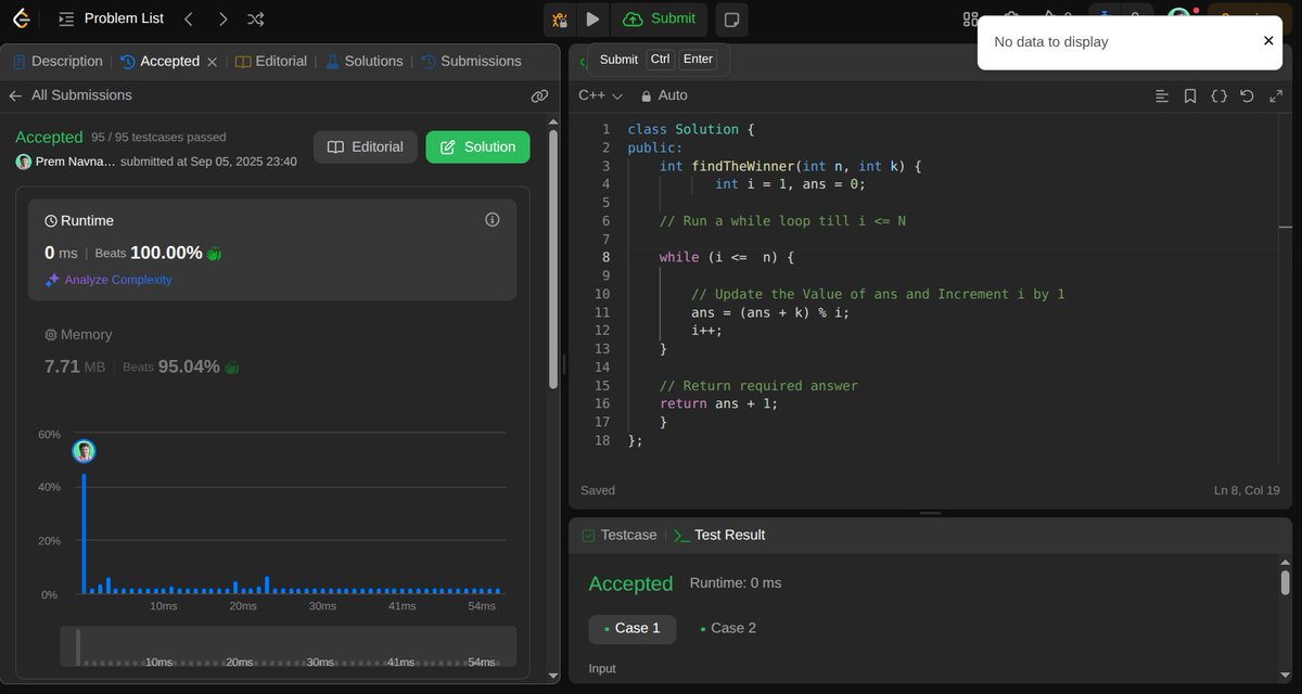 PremNavnat56636's tweet image. Day 145
Solved LeetCode 1823 
Find the Winner of the Circular Game

This is the classic Josephus Problem. While a queue-based simulation works, the O(n) mathematical solution using recursion and modular arithmetic is so clever

 #JosephusProblem #Algorithms #100DaysOfCode #Coding