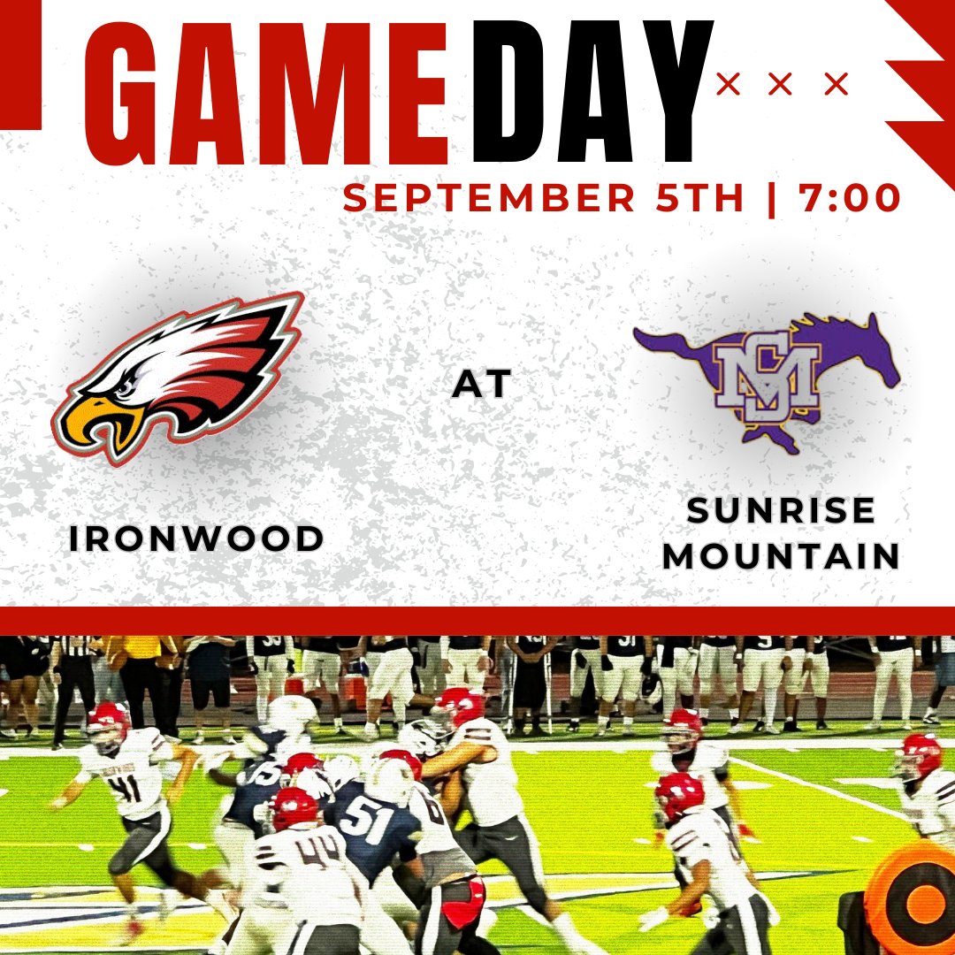 🏈 Game Day! 🏈

Your Ironwood Eagles are on the road tonight at Sunrise Mountain! 🦅🔥

Kickoff at 7 PM — let’s bring the energy and show out for our boys under the lights. Time to leave it all on the field!

<a href="/IronwoodFball/">Ironwood Eagles Football</a> <a href="/CoachStillings/">Tony Stillings</a> <a href="/Jordan_Light/">Jordan Light</a> <a href="/CoachDiCarloA/">Andrew R. DiCarlo, Esq.</a>