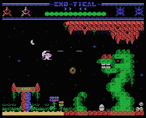 Roolandoo's tweet photo. Tras muchas horas de trabajo y cariño, tengo el placer de anunciaros que mi próximo juego para #MSX está concluido.🚀EXO-TICAL🚀despegará muy pronto en vuestras queridas máquinas ochenteras y, muy probablemente, participará en la nueva @MSXdevContest  ¡Espero que os guste! 🌴🦕🦖 https://t.co/5u3Ocq9U8s