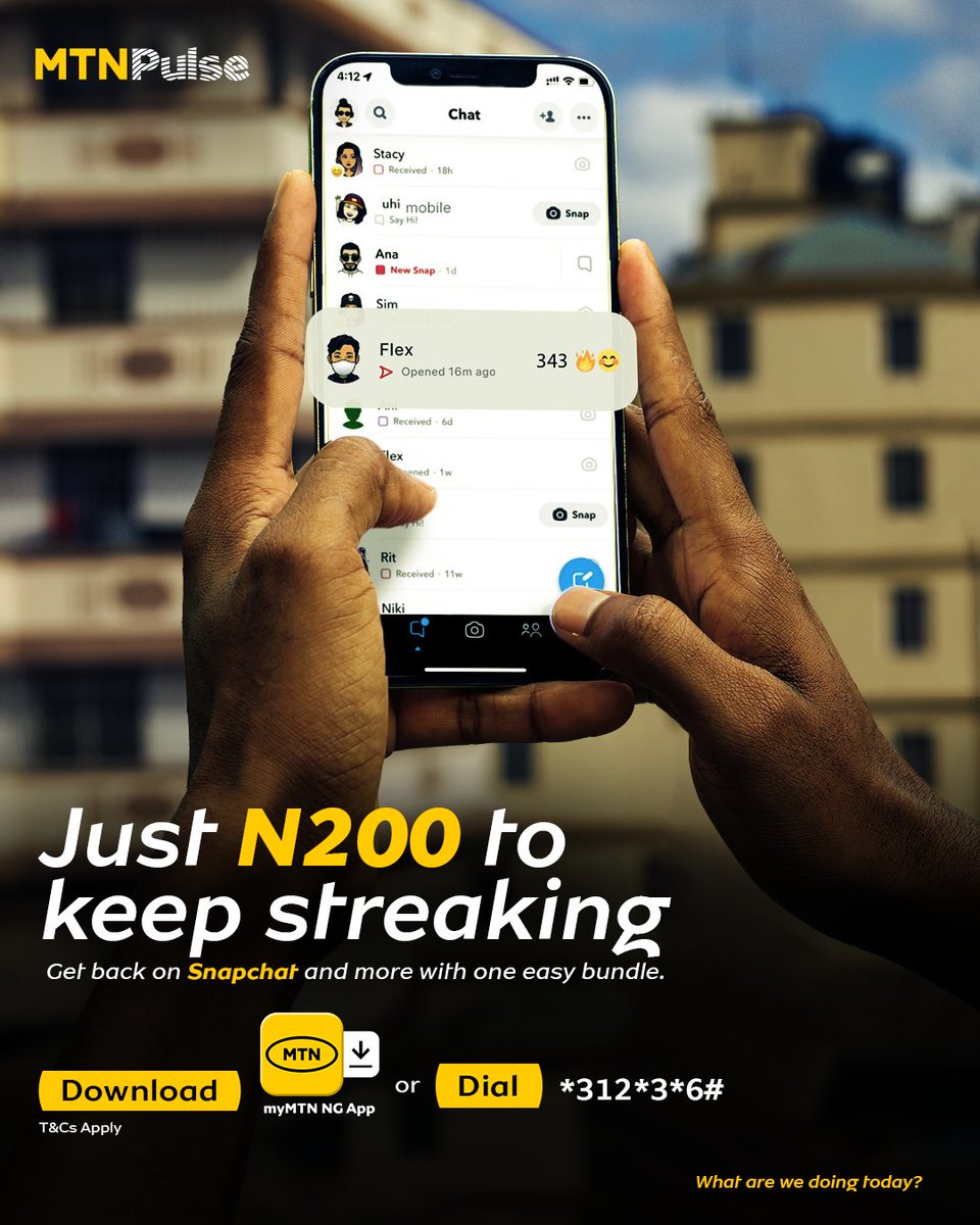 MTNNG's tweet image. Keep your Snapchat streaks alive with just N200.

Dial *312*6# to get started. 

#MTNPulseStreamBundle
#StayConnected